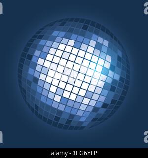 Digital illustration of a three dimensional disco ball or mosaic sphere composed of reflective square tiles in shades of blue and white. Ideal for tec Stock Vector