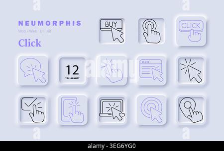 Click interface set icon. Cursor hand tap button pointer check location press interaction minimal neumorphic outline style soft shadow UI design. Stock Vector