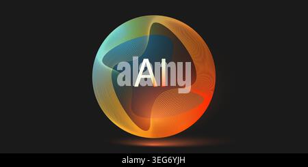 AI letters centered inside a glowing futuristic sphere with translucent surface made of abstract flowing lines. Design template, icon symbol on dark b Stock Vector