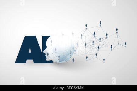 Modern Style Futuristic Machine Learning, Artificial Intelligence, Cloud Computing and Business Networks Design Concept with Connected People, Network Stock Vector