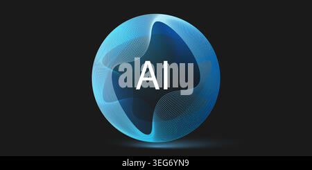 AI letters centered inside a glowing futuristic three dimensional sphere with translucent surface made of abstract flowing lines. Design template, ico Stock Vector