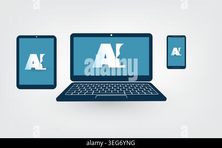 Mobile artificial intelligence usage concept illustration featuring AI typography symbol with a humanoid robot profile silhouette displayed on various Stock Vector