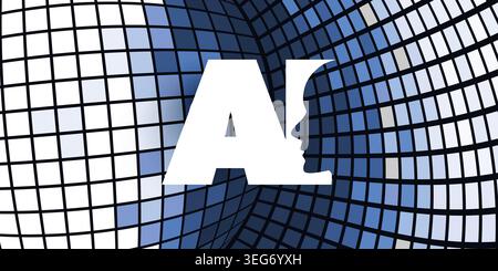 Large white AI acronym with a human head silhouette in profile view, set against a three dimensional curved grid of blue square tiles. Ideal for techn Stock Vector
