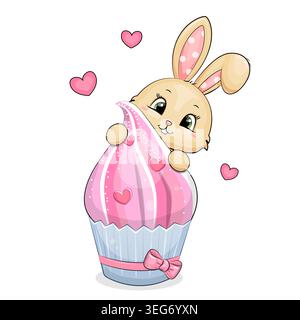 Cute cartoon Bunny with a pink cupcake. Vector illustration of animal with dessert and hearts on a white background. Stock Vector