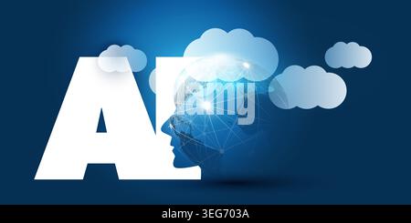Blue Machine Learning, Artificial Intelligence, Cloud Computing and Global Networks Concept with Earth Globe, Humanoid Robot Face Profile, Earth Globe Stock Vector