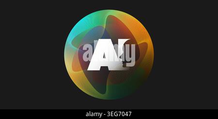 Futuristic AI icon featuring bold white 'AI' letters with a humanoid robot face silhouette profile integrated into the design, set within a luminous s Stock Vector
