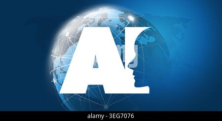 Blue Machine Learning. Artificial Intelligence. Cloud Computing and Global Networks Concept with Earth Globe. Global Network Mesh and Humanoid Robot F Stock Vector