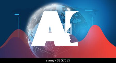 Blue Machine Learning, Artificial Intelligence, Cloud Computing and Global Networks Design with Earth Globe, Global Network Mesh, Charts and Humanoid Stock Vector