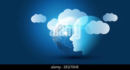 Blue Machine Learning, Artificial Intelligence, Cloud Computing and Global Networks Concept with Earth Globe, Humanoid Robot Face Profile, Earth Globe Stock Vector