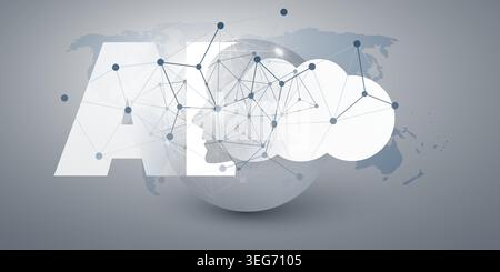 Grey and White Machine Learning, Artificial Intelligence, Cloud Computing and Global Networks Concept  - Vector Design with Robot Face Profile, Cloud Stock Vector