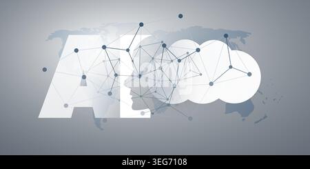 Futuristic Grey and White Machine Learning, Artificial Intelligence, Cloud Computing and Global Networks Concept  - Vector Design with Robot Face Prof Stock Vector