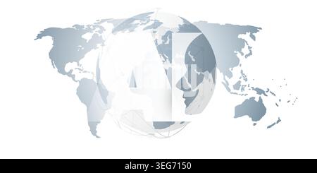 Grey and White Machine Learning, Artificial Intelligence, Cloud Computing and Global Networks Concept with World Map, Globe, Robot Face Profile and Bi Stock Vector