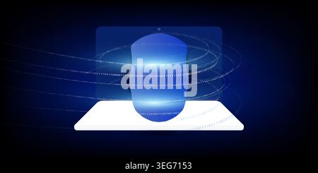 Minimalist artificial intelligence concept illustration featuring a glowing blue humanoid head shape rising up from an open laptop, surrounded by orbi Stock Vector