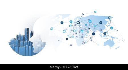 Bright Modern Style Futuristic Machine Learning, Artificial Intelligence, Cloud Computing, Smart City and IoT Networks Design Concept with Tall Buildi Stock Vector