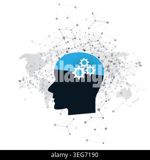 Machine Learning, Agentic Artificial Intelligence, Cloud Computing and Networks Concept with Geometric Polygonal Network Mesh, World Map and Gears in Stock Vector