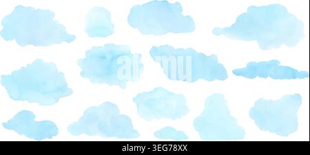 Soft blue watercolor clouds float across white vector illustration set Stock Vector