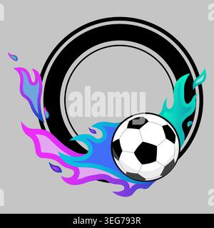 Vibrant illustration of a soccer ball surrounded by colorful flames and a black circle on gray Stock Vector