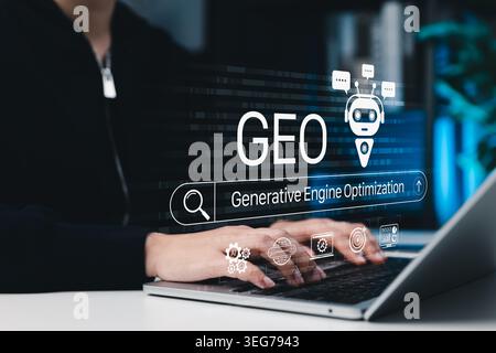 GEO generative engine optimization and AI search engine digital marketing concept. User using laptop with chatbot, search bar, analytics icon, content Stock Photo