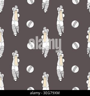 Seamless Pattern with Cricket Batsman and White Ball. Texture of Professional Cricketer on Dark Grey Background. Flat Vector Illustration. Line Art Co Stock Vector