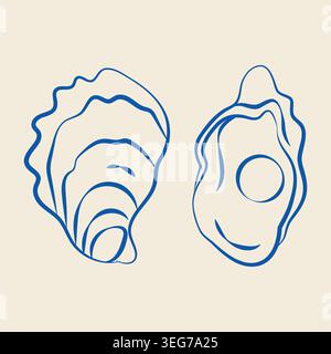 Hand-drawn sea pearl oyster shell in line art doodle style for wedding or event decor, seafood restaurant menu Stock Vector