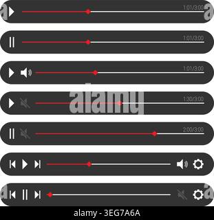 Minimalist Media Player Control Interface Vector Set with Flat UI UX Progress Bars and Playback Icons Stock Vector