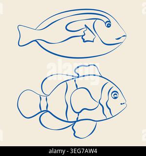 Hand-drawn isolated sea reef tropical fish, blue tang and clownfish in line art doodle style for seaside summer vacation projects Stock Vector