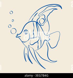 Hand-drawn sea reef tropical fish in line art doodle style, decorative element for seaside summer vacation vibe projects Stock Vector