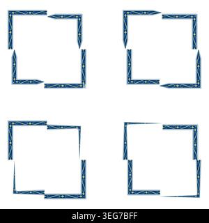 Blue geometric border. Corner frame set. Vector square ornament. Abstract graphic decoration Stock Vector