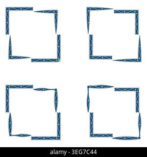 Blue corner border. Geometric frame set. Vector square ornament. Classic decorative element Stock Vector