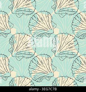 Seamless pattern with hand drawn scallop seashells on turquoise background for summer resort apparel and beach house bathroom decor. Vector illustrati Stock Vector