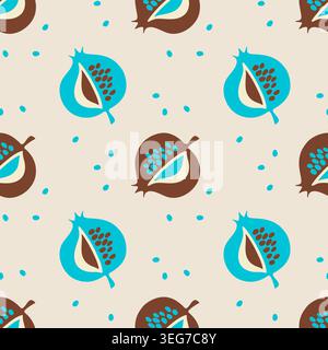 pattern with stylized pomegranate fruits on beige background for kitchen textile print and modern scandinavian tableware design. Vector illustration Stock Vector