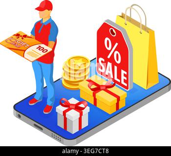 Gift Card and customer loyalty programs as part of return marketing. returns, interest, points, bonuses. online support on smartphone gives gift card Stock Vector