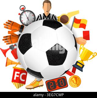 Football Poster with Soccer Ball and Attributes Icons. 3D Realistic and Flat icons such as referee, trophy, red card. Can be used for flyer, poster an Stock Vector
