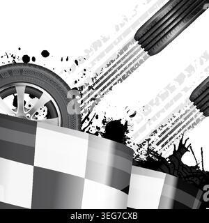 Racing Concept - Flags, Tires and Tracks, grunge vector background Stock Vector