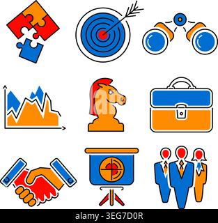 Business Thin Lines Color Web Icon Set with Flat elements for Flyer, Poster, Web Site Like Strategy, Research, Teamwork, Success Stock Vector