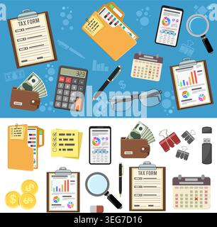 Tax, Auditing, Business Accounting banner and Infographics with flat style icons Charts, Calculator, money and Smartphone. Isolated vector illustratio Stock Vector