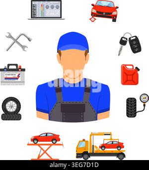 Car Service Flat Icons Set for Poster, Web Site, Advertising like Laptop, Tow, Battery, Jack and Mechanic. Stock Vector