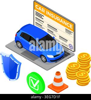 Online Car Insurance Isometric Concept for Poster, Web Site, Advertising with Car Insurance Policy on screen laptop, Money, Key and Shield. isolated v Stock Vector