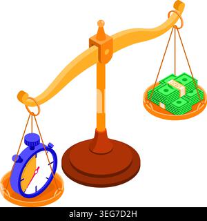 time or money isometric concept make choice between coins and stopwatch on scales isometric isolated vector illustration Stock Vector