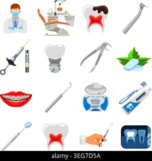 Set Dental Services and Stomatology icons in flat style. Doctor, dentist chair, braces, x-ray, cartridge syringe, carpula and implant. Isolated vector Stock Vector