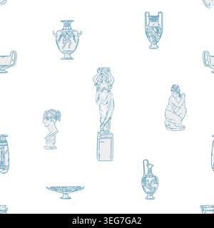 Hand drawn vector abstract graphic, greek ancient sculpture statues and column line art modern seamless pattern.Antique vintage classic sculpture in Stock Vector