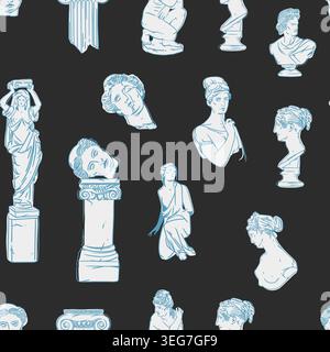 Hand drawn vector abstract graphic, greek ancient sculpture statues and column line art modern seamless pattern.Antique graffiti psychedelic sculpture Stock Vector