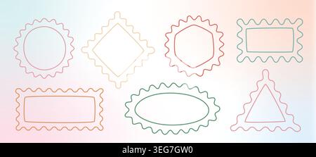 Cute minimalist color line frames, stamps, tags. Simple vector wavy edges of circle, rectangle, square geometric shapes. Stock Vector