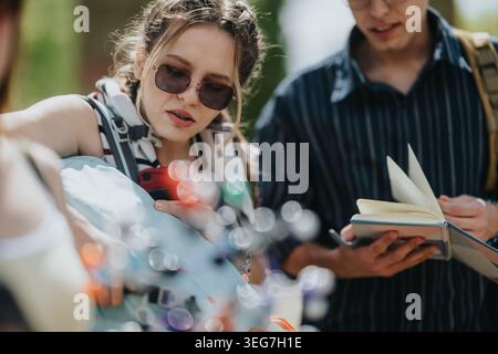 Young travelers studying a map on a phone and notebook while wearing backpacks outdoors Stock Photo