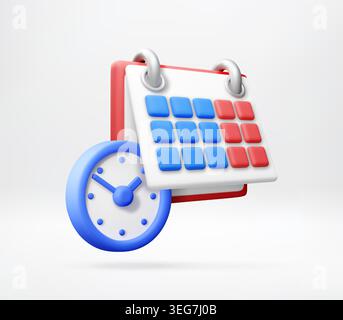 3D calendar icon with wall clock. Stock Vector
