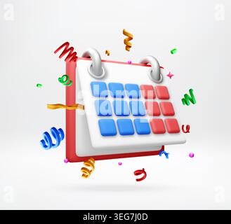 3d calendar icon with colorful confetti Stock Vector