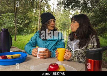 Two friends having coffee and fresh fruit during a picnic outdoors in a park Stock Photo