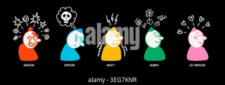 Comic character emotion set with doodle faces showing states like aggression and calmness on dark background. Comic character expressions with graphic Stock Vector