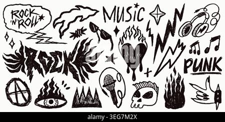 Punk rock tattoo doodle collection with music notes, skull, fire and lightning in black scribble style. Rock doodle and tattoo elements for stickers Stock Vector