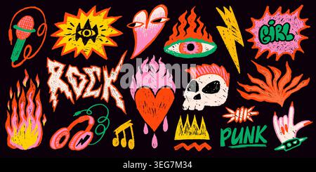 Punk rock sticker doodle set with music symbols, skull, fire and lightning in colorful crayon texture on dark background. Rock sticker and punk doodle Stock Vector